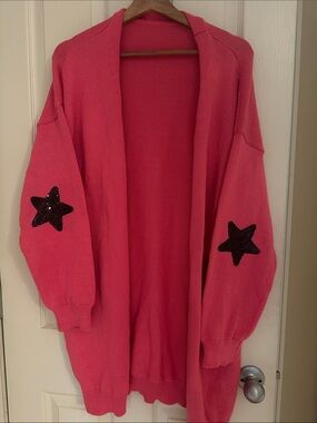 Women's Hot Pink Open Front Star Elbow Patch Cardigan
